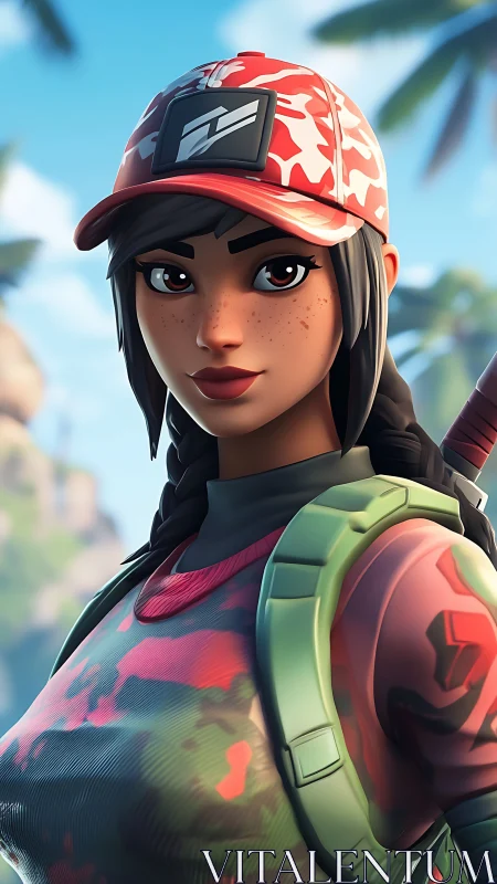 Stylized tropical game heroine in tactical streetwear profile.