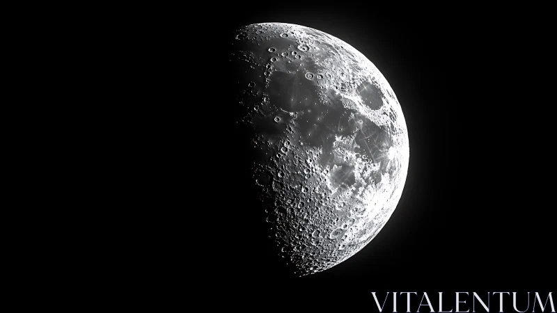 Detailed lunar half-phase against deep black space.