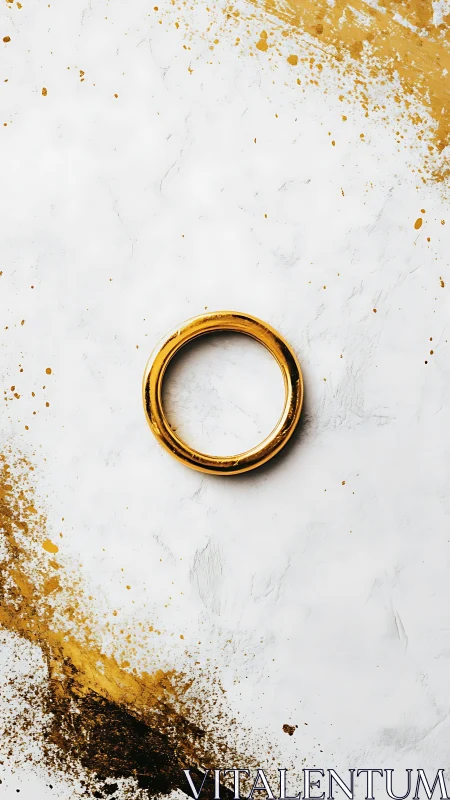 Golden ring rests softly amid bright white and paint splashes