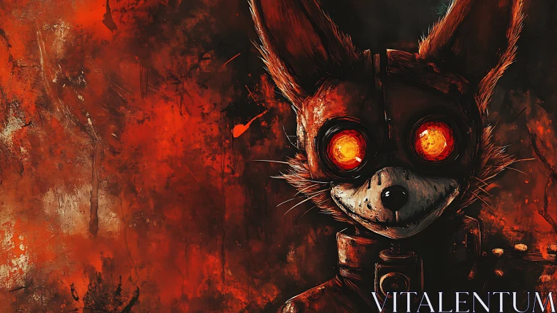 Smoldering cybernetic fox stares out from a molten red void