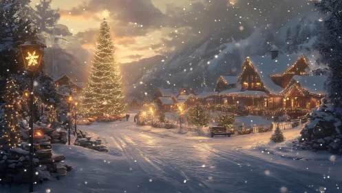 Snow village glows under towering Christmas tree lights.