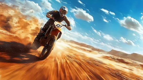 Motocross rider powers through bright desert track.