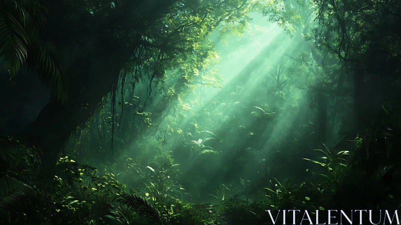 Mystical sunlight filters through dense jungle canopy overhead.