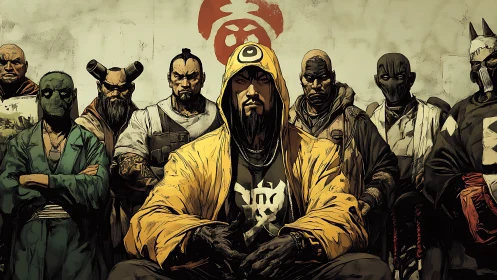 Hooded leader with masked group in graphic urban setting.