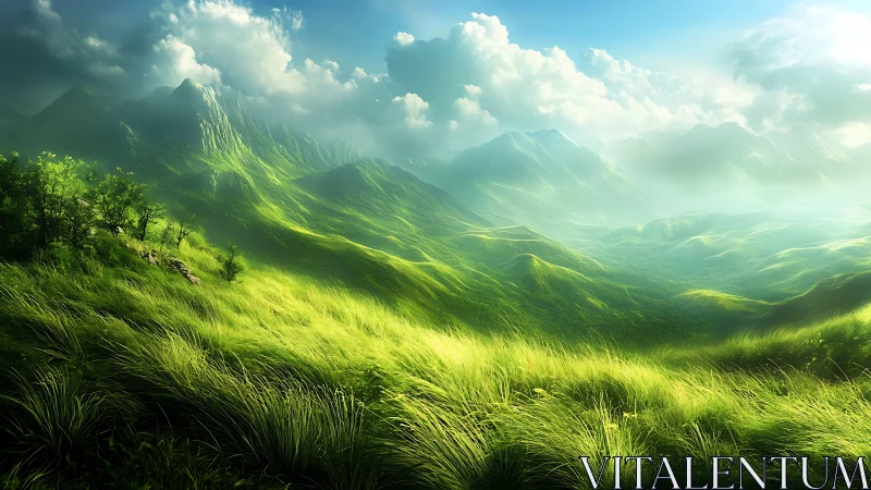 Sunlit green mountains roll gently into a dreamy horizon