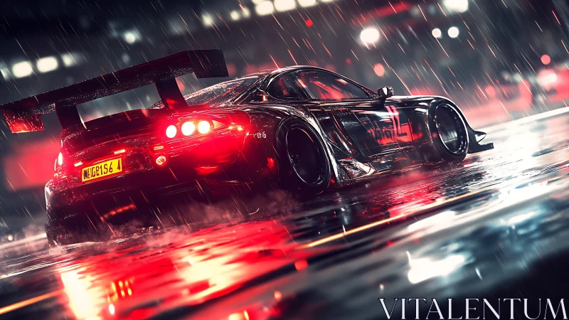 Widebody race car drifting on wet neon city street.