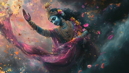 Divine blue-skinned dancer in swirling cosmic petals moves