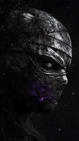 Subsurface-scored obsidian mask warrior with spectral emissions.