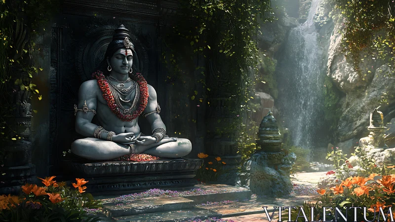 Meditating stone deity guards lush waterfall shrine garden