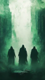 Emerald wraiths drift through a ruined mist-cloaked corridor.
