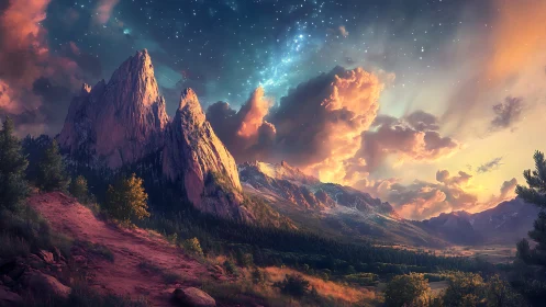 Dramatic rocky mountains under vivid sunset sky.