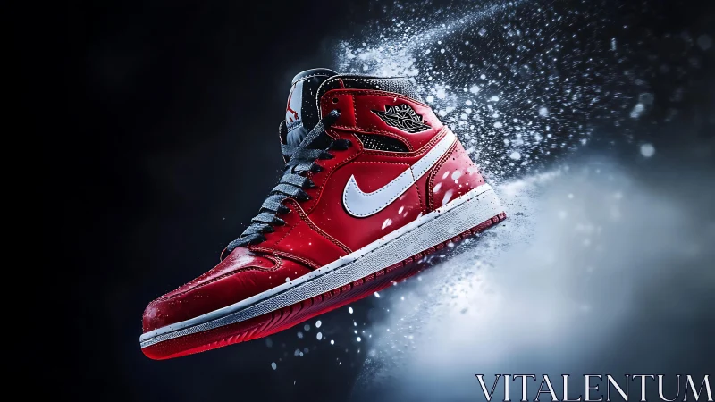 Red high-top sneaker frozen midair in bold motion.