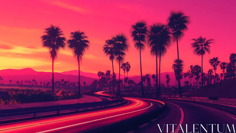 Neon sunset highway with palm silhouettes and light trails.