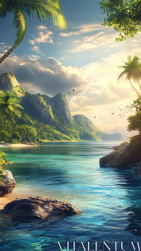Tropical island cove with emerald water and lush vegetation under golden sunlight.