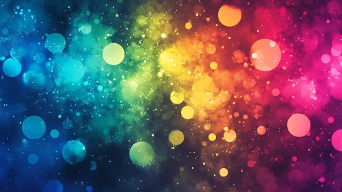 Colorful bokeh lights drift gently across a dreamy rainbow sky