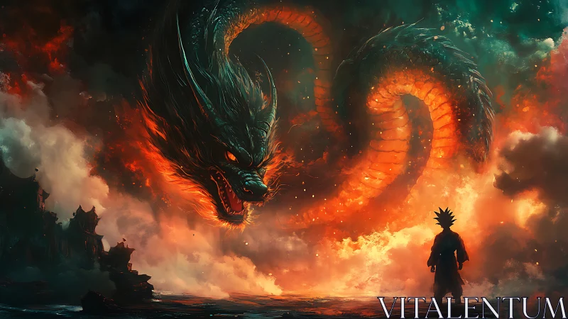 Infernal sky-serpent coils above lone anime warrior.