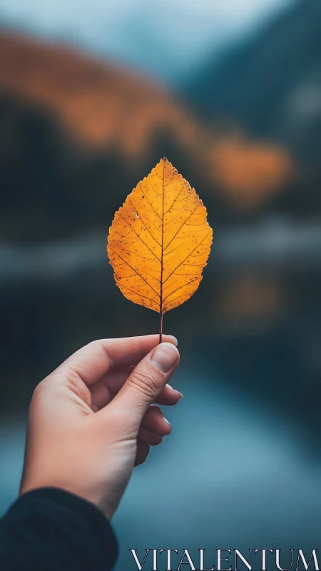 Hand holds single autumn leaf against soft blurred landscape