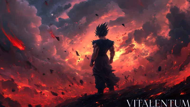 Warrior silhouette faces storm of molten cosmic clouds.