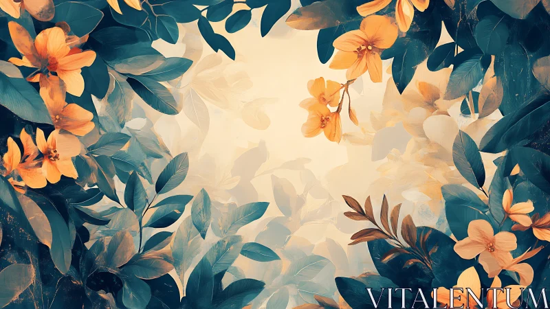 Golden blossoms drift through teal twilight foliage frame.