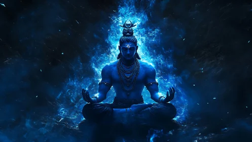 Cosmic blue ascetic in blazing meditative stillness.