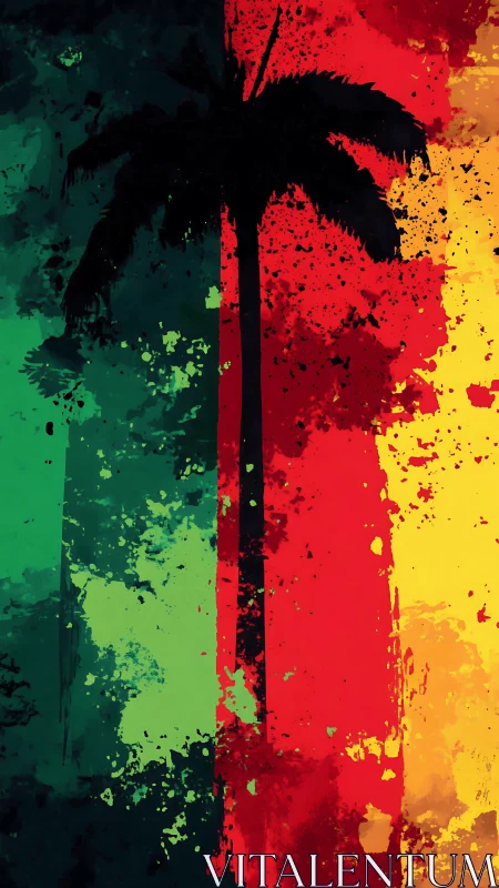 Palm silhouette soaking in splashed reggae sunset hues.