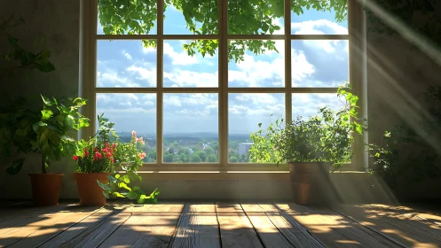 Sunlit potted foliage by grid window, volumetric rays displayed.