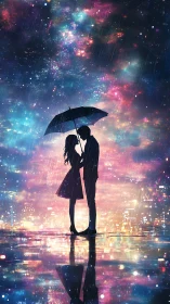 Couple beneath umbrella in neon-lit cityscape rain.