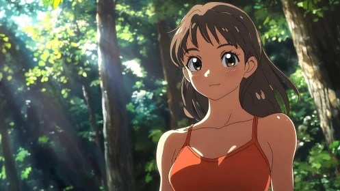 Sunlit anime girl in orange top within dappled forest light.