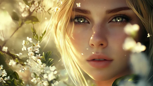 Springlit gaze among blossoms and whispered daylight secrets.