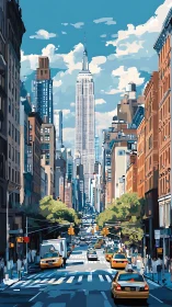 Vertical cityscape shows stylized New York avenue and taxis