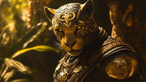 Armored jaguar warrior in gold filigree plating under warm jungle light
