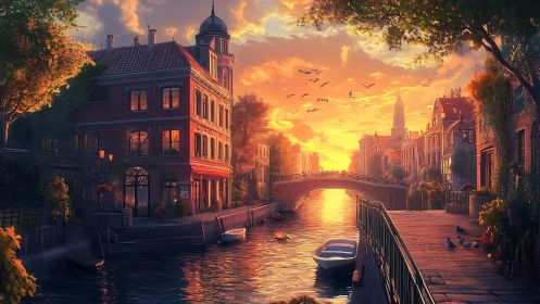 Canal city sunset with boats, bridge and warm reflections.