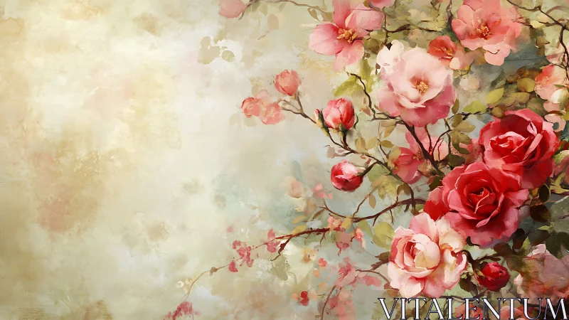 Botanical Composition with Cascading Roses in Soft Oil Medium