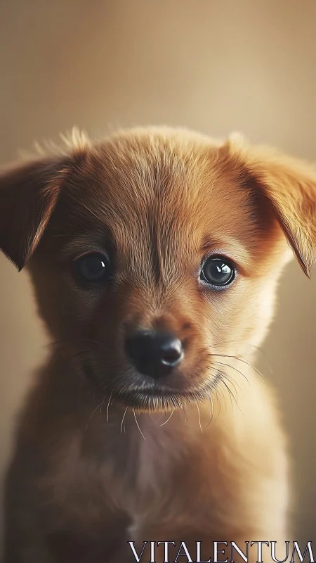 Tight portrait of young tan puppy under shallow depth-of-field lighting