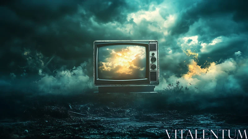 Vintage television in stormy landscape with glowing sky scene.