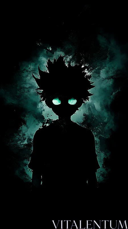 Silhouetted figure stands before teal abstract smoke field