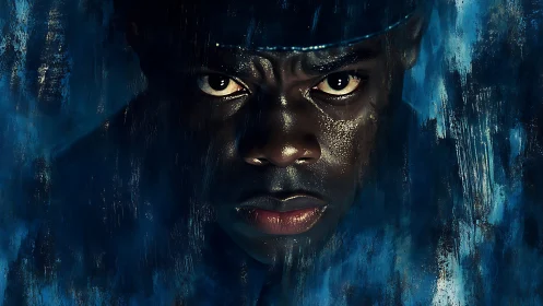 Intense wet portrait isolates face through textured blue smear