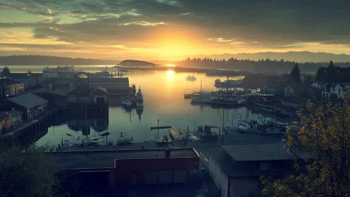 Coastal harbor with bridge and boats at low sunrise light.