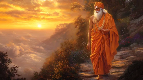 Elderly robed figure walking a cliff path at sunset.