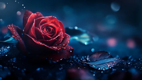 Red Rose with Water Drops Against Blue Background.