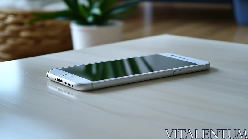 White Smartphone Rests on Wooden Desk Surface.