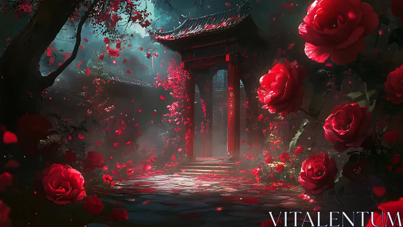 Enchanted red garden gate wrapped in drifting rose petals.