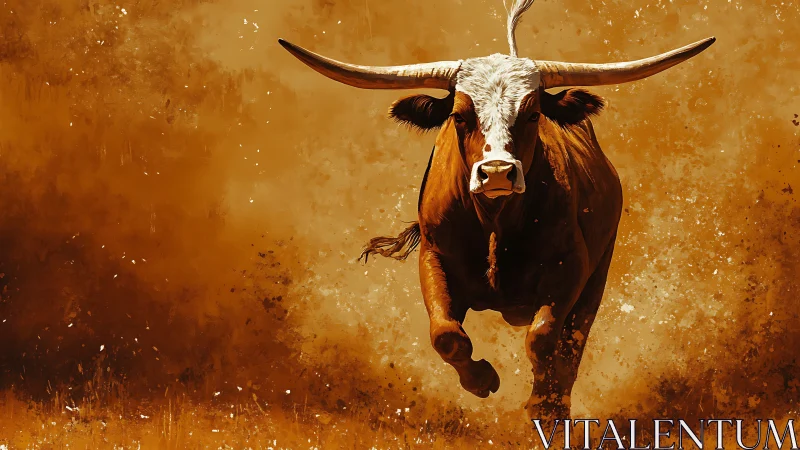 Dust-charged longhorn rushes through a burning ochre storm.