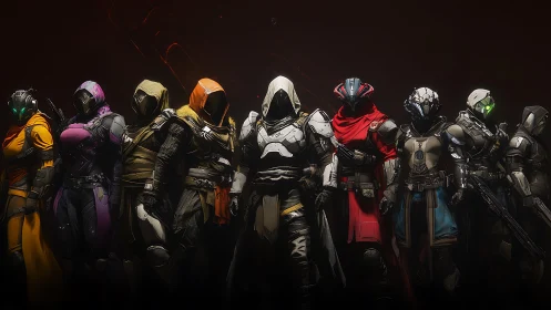 Futuristic armored strike team lineup in moody rim lighting.