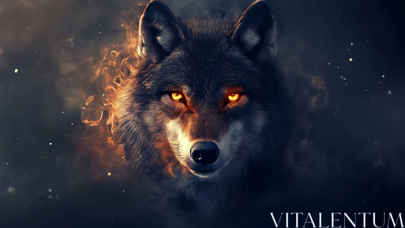 Wolf head with glowing orange eyes emerges from dark smoke