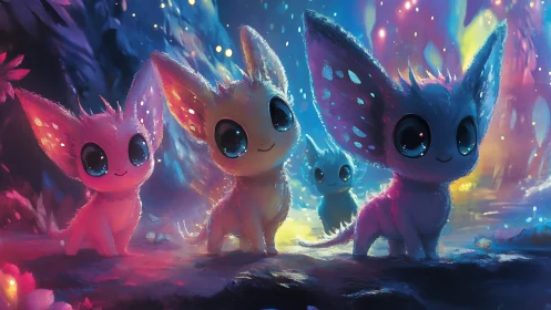 Bioluminescent fox-like creatures in neon forest clearing