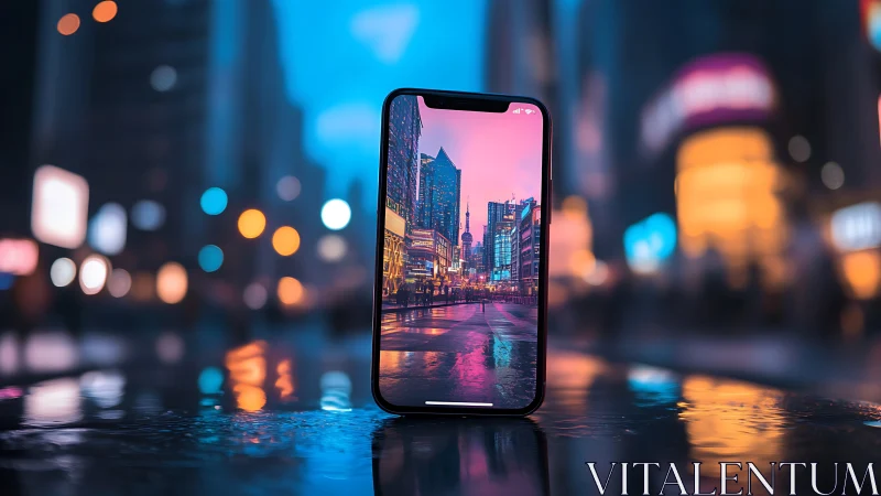 Smartphone on wet city street showing neon skyline at night.