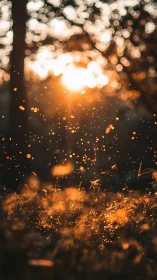 Sunlit meadow sparks dance in a storm of glowing embers.