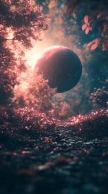 Crimson forest path frames suspended planet at glowing dusk