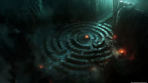 Emberlit stone labyrinth breathing in abyssal green gloom.